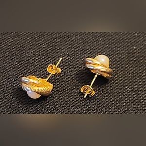 14K Solid Yellow Gold Love Knot Genuine Pearl Earrings